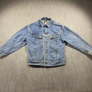 Vintage Lee Jacket Youth Medium Blue Denim Trucker Button Front Pockets 90s